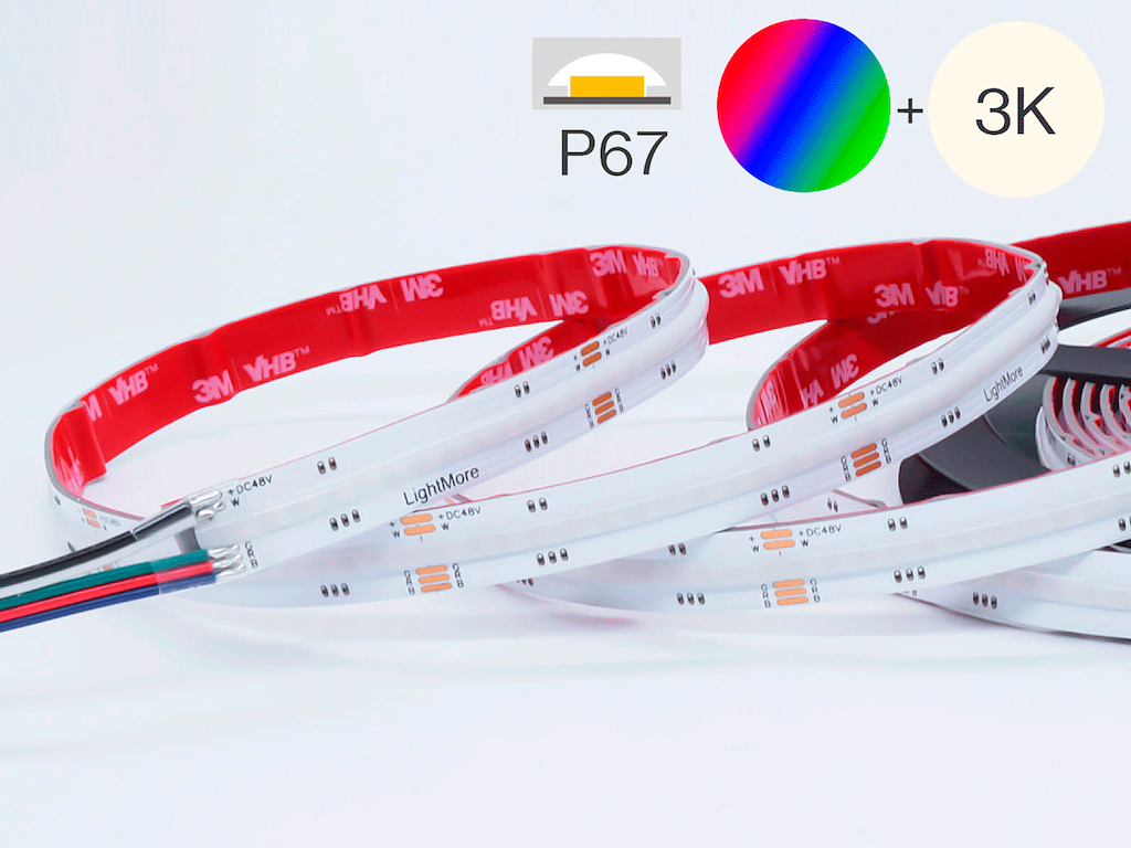 LED TrueColor COB strip RGBW 15 m. 16W/m. 48V. 896LED. RGB+3000K. IP67. 50 cm. 0.5mm2 i begge ender. med rødt 3M tape