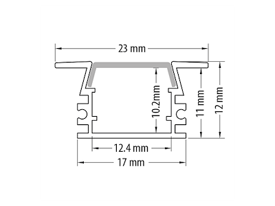 Indbygnings-aluminiumsprofil 12 mm til LED strip. 2 m. inkl. opal cover. 2 clips og endestykker