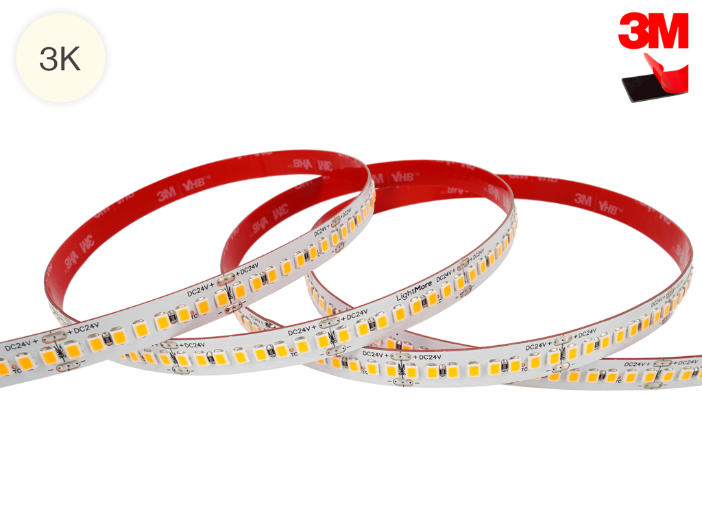 LightMore LED strip 5 m. 18W/m. 24V. Ra95. 224LED/m. 3.000K. IP20. 10mm PCB. 20 cm. ledning i begge ender