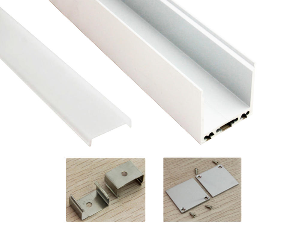 Alu-skinne for LED bånd. 35x35mm. HVID. 180 cm. pakket inkl. cover. endestykker og 2 stk. clips