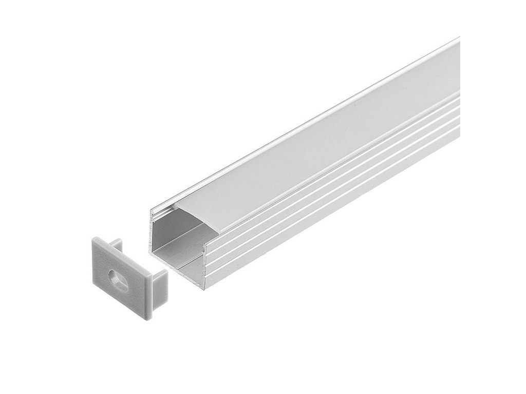 Aluminiumsprofil 16 mm til LED strip. 2 m. inkl. opal cover. 2 clips og endestykker