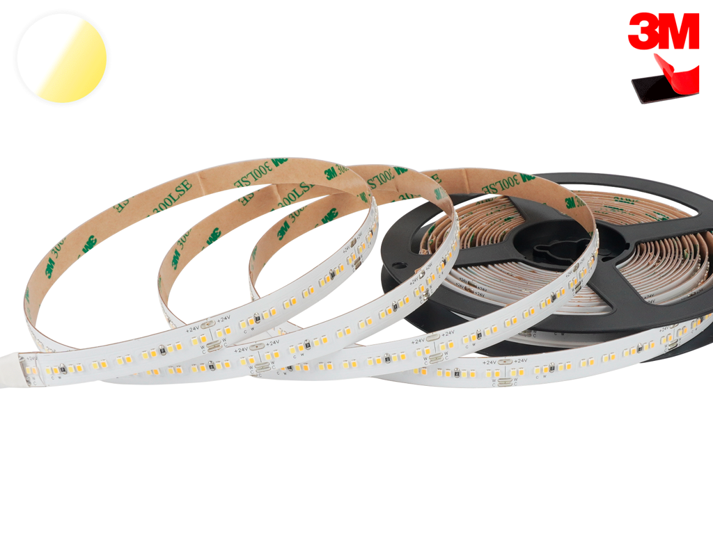 LightMore LED strip CTA 2200K-4000K. 5 m. 25.6W/m. 24V. Ra90. 288LED/m. IP20. 2 m. ledning ene ende