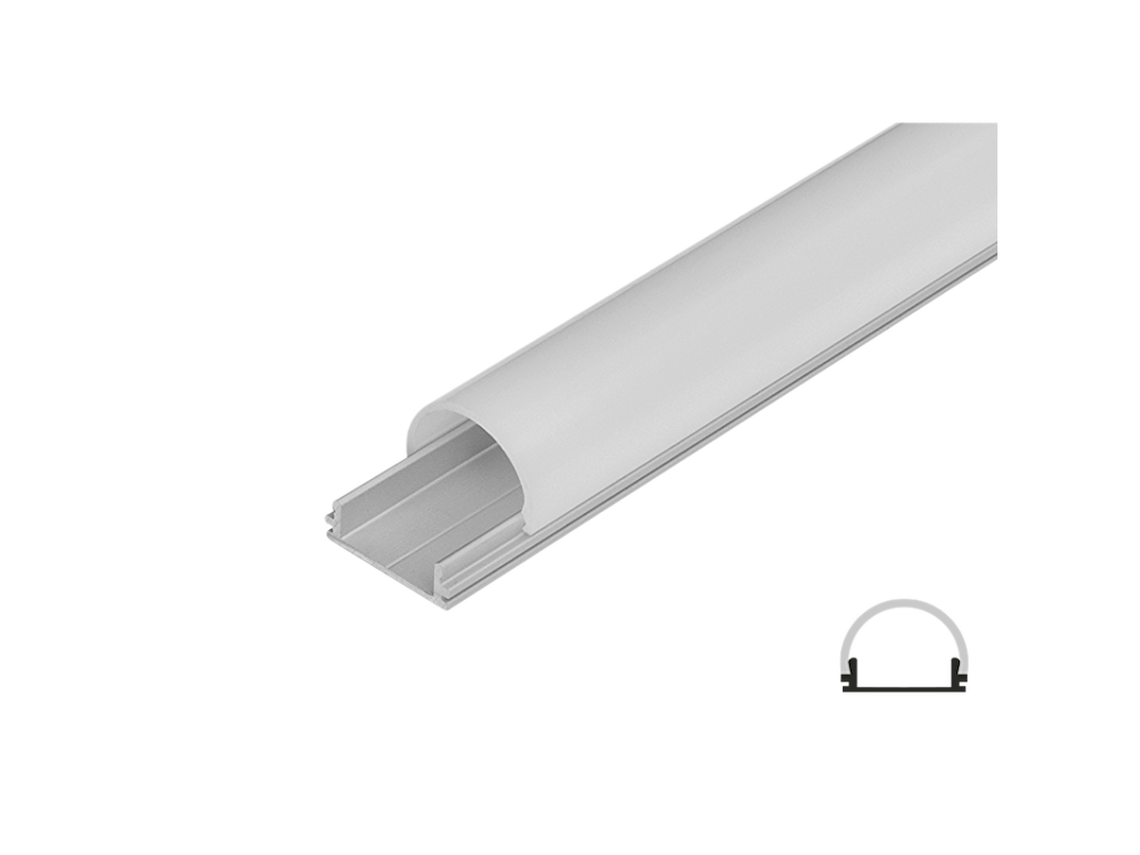Aluminiumsprofil 12 mm til LED strip. 2 m. inkl. buet opal cover. 2 clips og endestykker