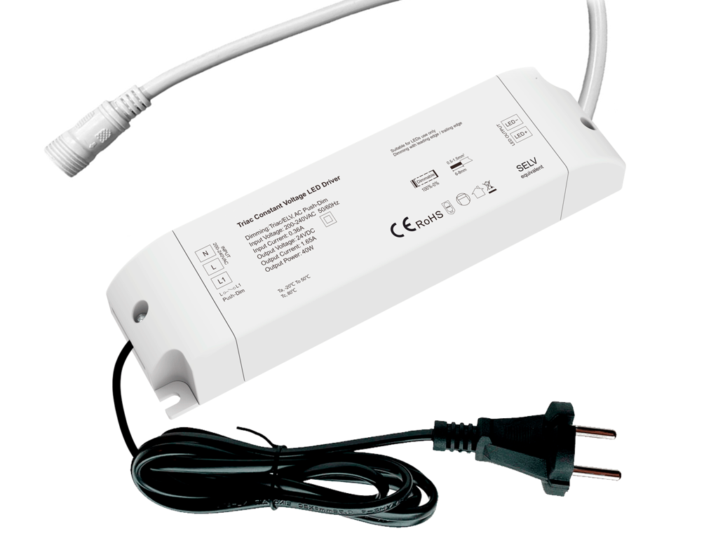 LED driver 24V 40W. Triac/Push dæmpbar. inkl. AC og DC adapter (hvid 2-pin)