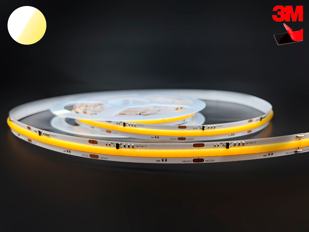 LightMore COB Dim2Warm 2000K-3000K 9w RA95 90lm/W. 24V. 560leds/m. 10mm pcb . 30cm ledning begge ender. rød 3m tape 10m IP20