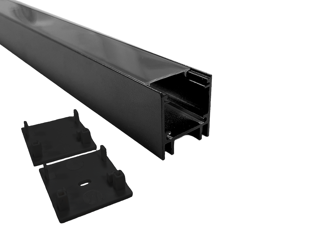 Alu-skinne 23x25mm. Sort. 180 cm. inkl. cover. endestykker og clips