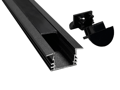 Alu-skinne SORT m. krave for LED strip. 110 cm. (17x12 mm) inkl. mørk cover inkl. sorte endestykker