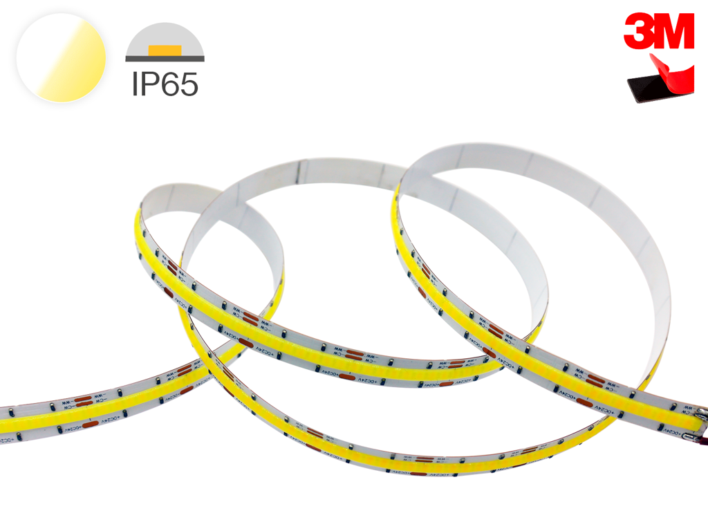 LightMore LED COB strip 24V IP65 CTA –24V 2700K-6500K 640led/m 20W 95lm/w CRI>90 10mmPCB 50mm klip - 30cm ledning begge ender. 3M rød tape. 10m
