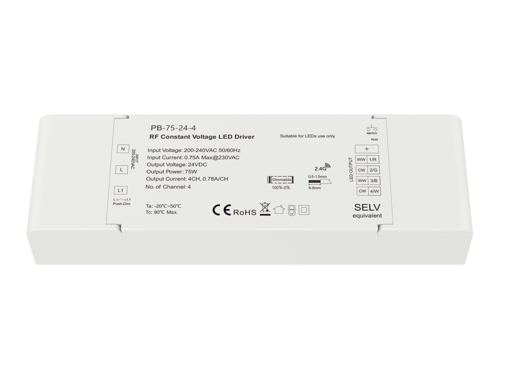 LED 4-kanals driver 24V 75W dæmpbar RF 2.4GHz for trådløs styring + PUSH dæmp