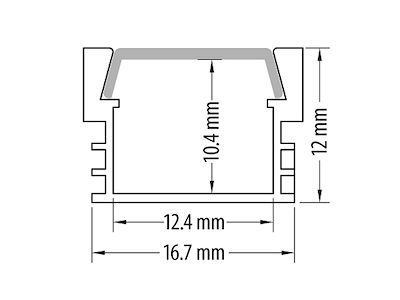 Indbygnings-aluminiumsprofil 12 mm til LED strip. 2 m. inkl. opal cover. 2 clips og endestykker