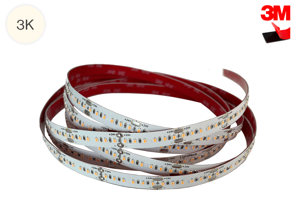 LightMore LED strip 25 m. 14.4W/m. 24V. Ra95. 160LED/m. 3.000K. IP20. 10mm PCB. 20 cm. ledning i begge ender
