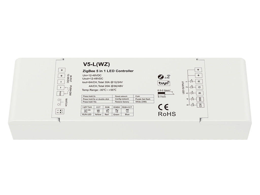 LED 5-kanals controller. Zigbee 3.0. 2.4Ghz og PUSH dæmp