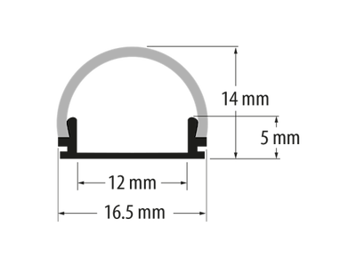 Aluminiumsprofil 12 mm til LED strip. 2 m. inkl. buet opal cover. 2 clips og endestykker